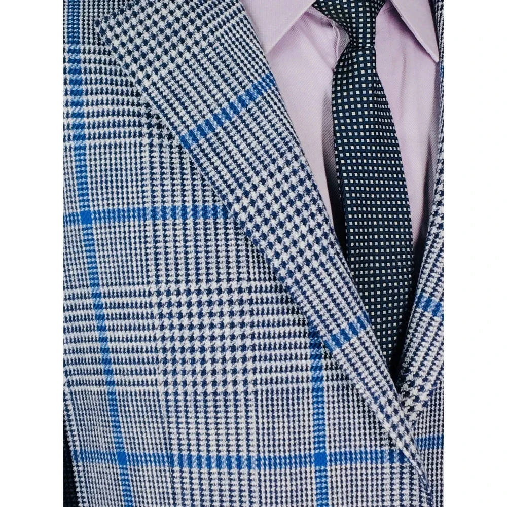 42R LBM 1911 Italy Mens 2 Bttn Blazer Sport Coat Glen Check Blue Gray Italy 52R